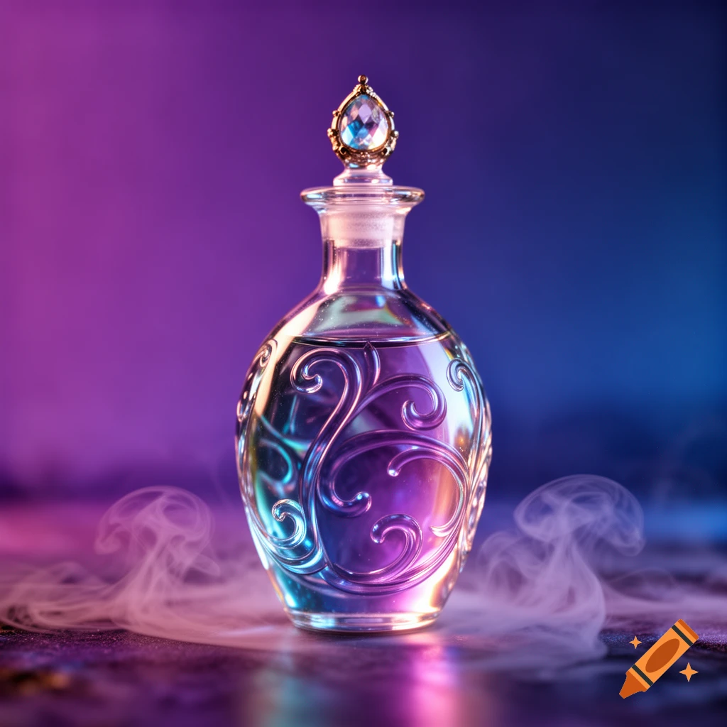 Ornate clear potion bottle with a jeweled stopper, glowing with purple and blue light, surrounded by wisps of smoke on a violet-blue background.