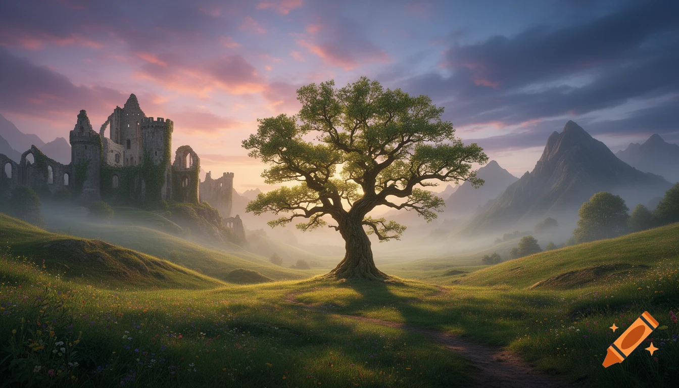 A fantasy landscape features ancient castle ruins on a hill, a large tree in the foreground, misty valleys, and mountains under a dramatic sunset sky.