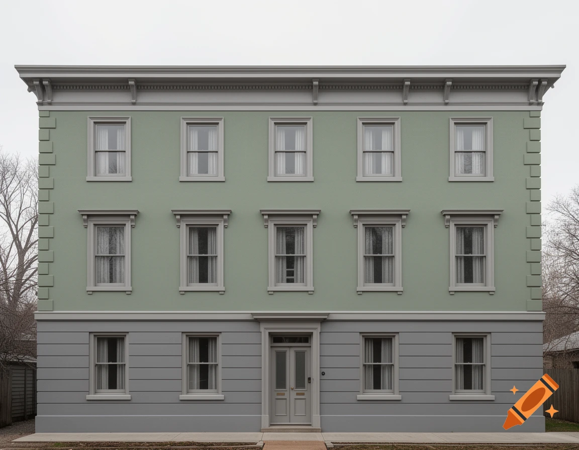 A realistic, symmetrical three-story multi-family house with sage green upper floors and a light gray ground floor, framed by bare trees.