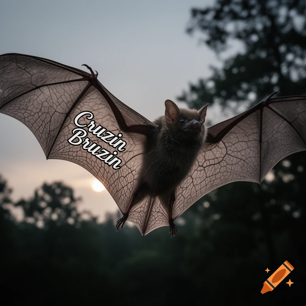 A photorealistic close-up of a bat flying at dusk, with the words 'Cruzin Bruzin' visible on its translucent wing.