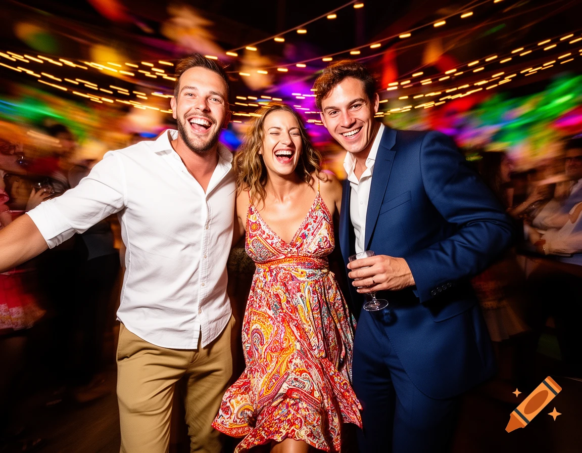 Three laughing friends, two men and a woman, celebrate at a lively party with colorful lights and motion blur, photorealistic style.