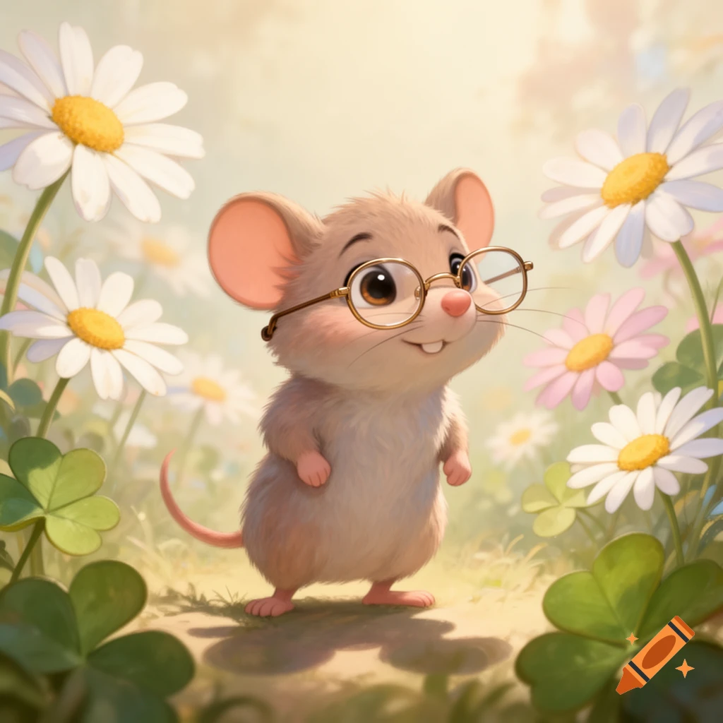 A cute, whimsical cartoon mouse wearing round glasses stands smiling in a sunny field of white and pink daisy-like flowers and clovers.