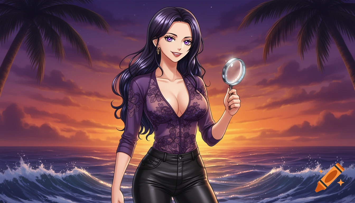 An anime woman resembling Nico Robin, with long dark hair, a purple top, and black pants, holding a magnifying glass on a tropical sunset beach.