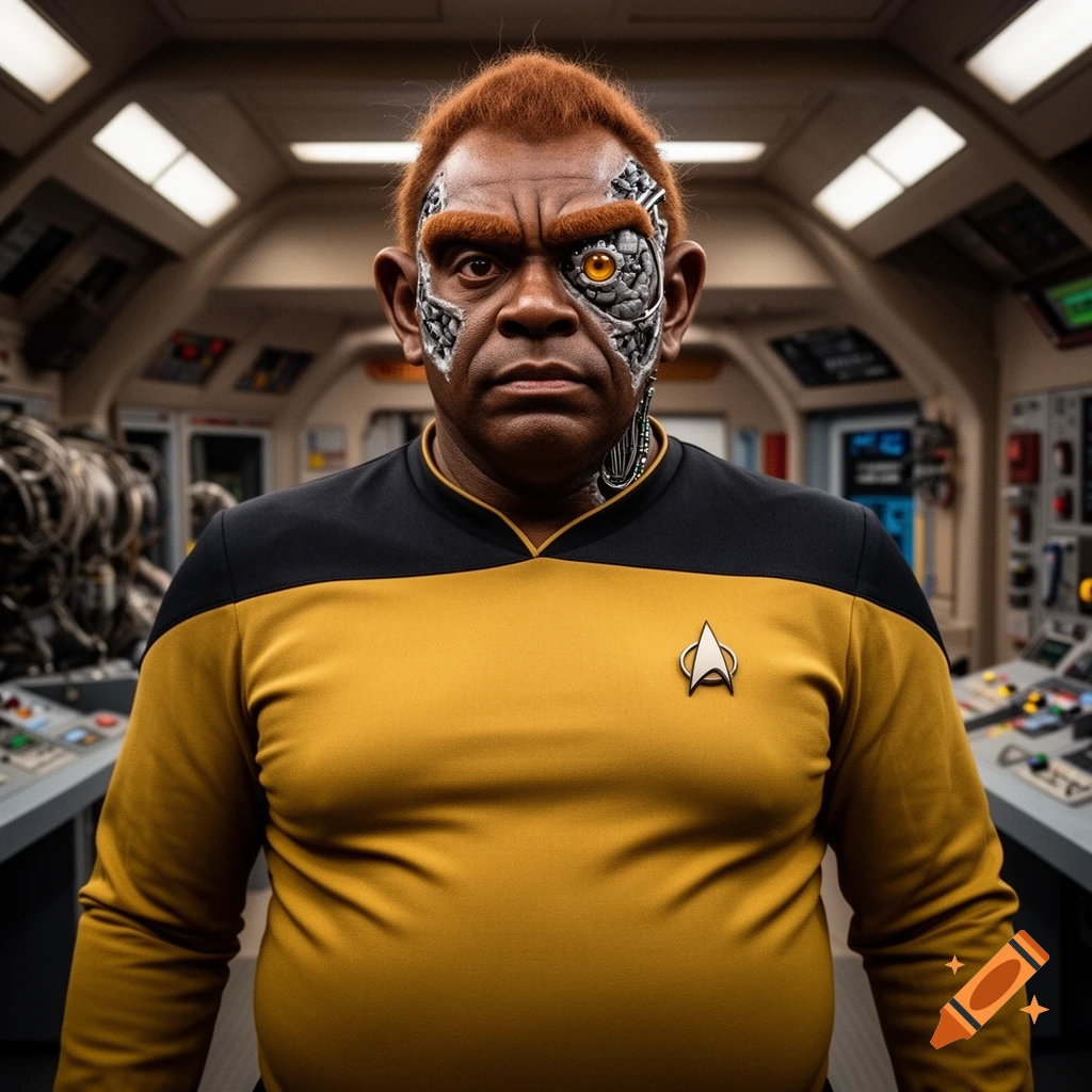 A detailed portrait of a male Pakled Starfleet officer with red hair and Borg cybernetics, wearing a gold uniform, in an engineering bay.