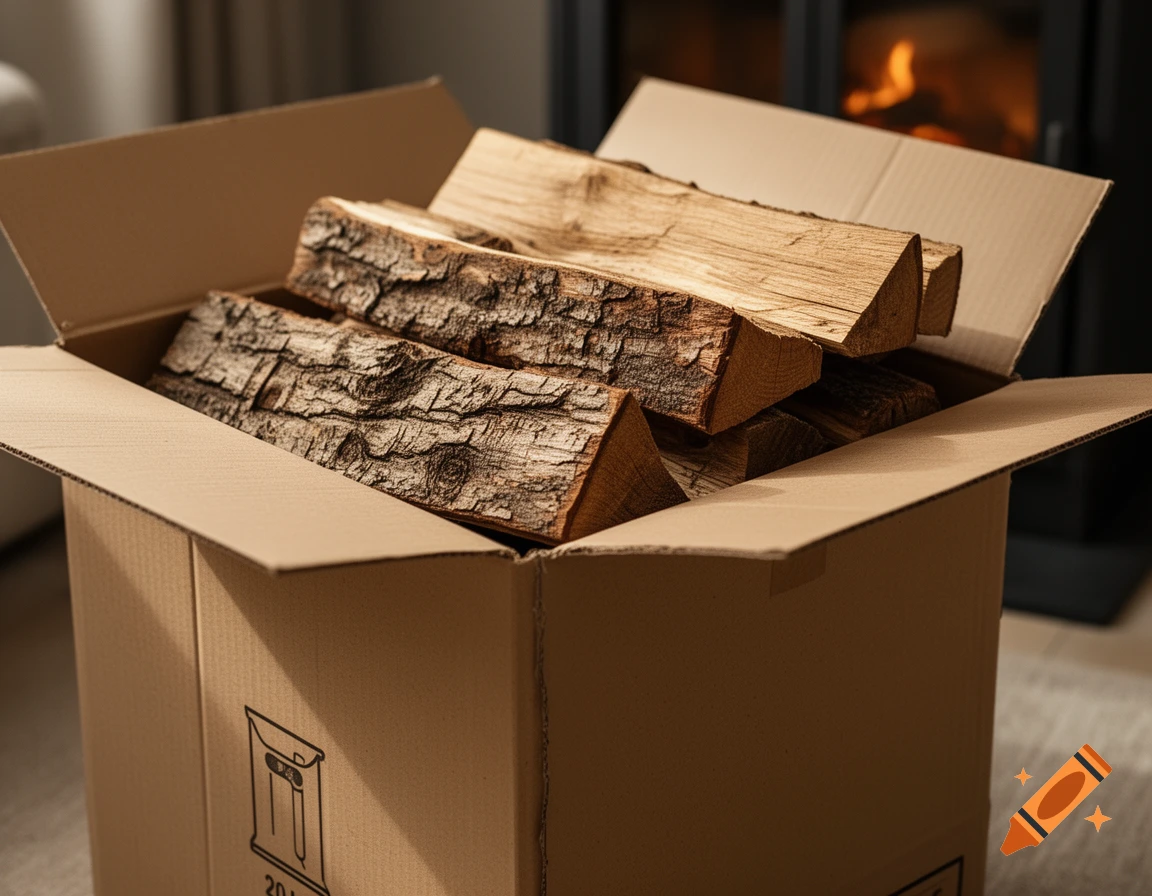 A cardboard box filled with split logs of firewood, with a lit fireplace glowing warmly in the background.