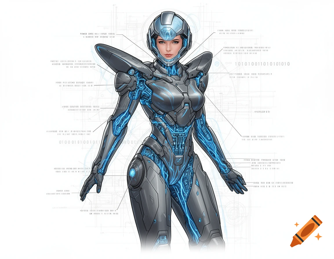 A technical drawing of a woman in detailed silver and blue power armor with visible internal components.