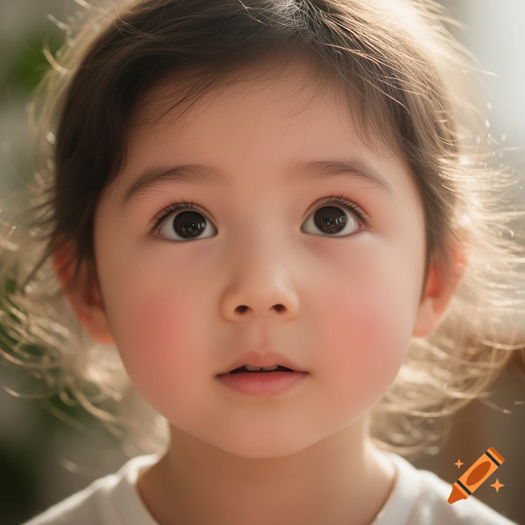 Close-up photorealistic portrait of a young child with wide, dark eyes and light brown hair.