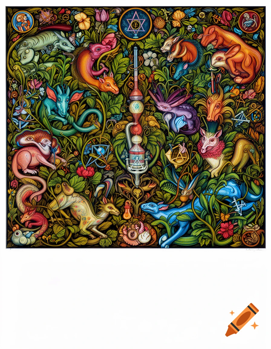 A colorful, intricate medieval bestiary illustration in the style of an illuminated manuscript, featuring many stylized mythical creatures and botanical elements against a dark background, with a central alchemical apparatus and various symbols.