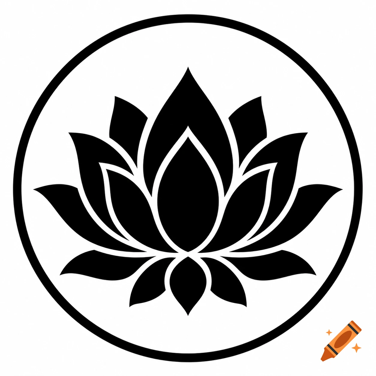 Minimalist black lotus flower logo within a circular outline.