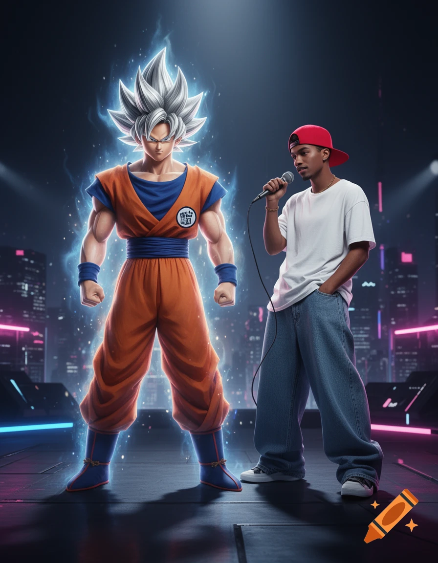 Goku in Ultra Instinct form next to a person with a microphone on a futuristic stage at night.