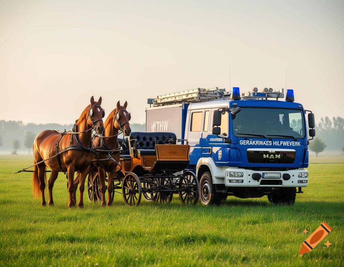 Photorealistic image of two brown horses hitched to a wooden carriage next to a blue and white utility truck in a green field.