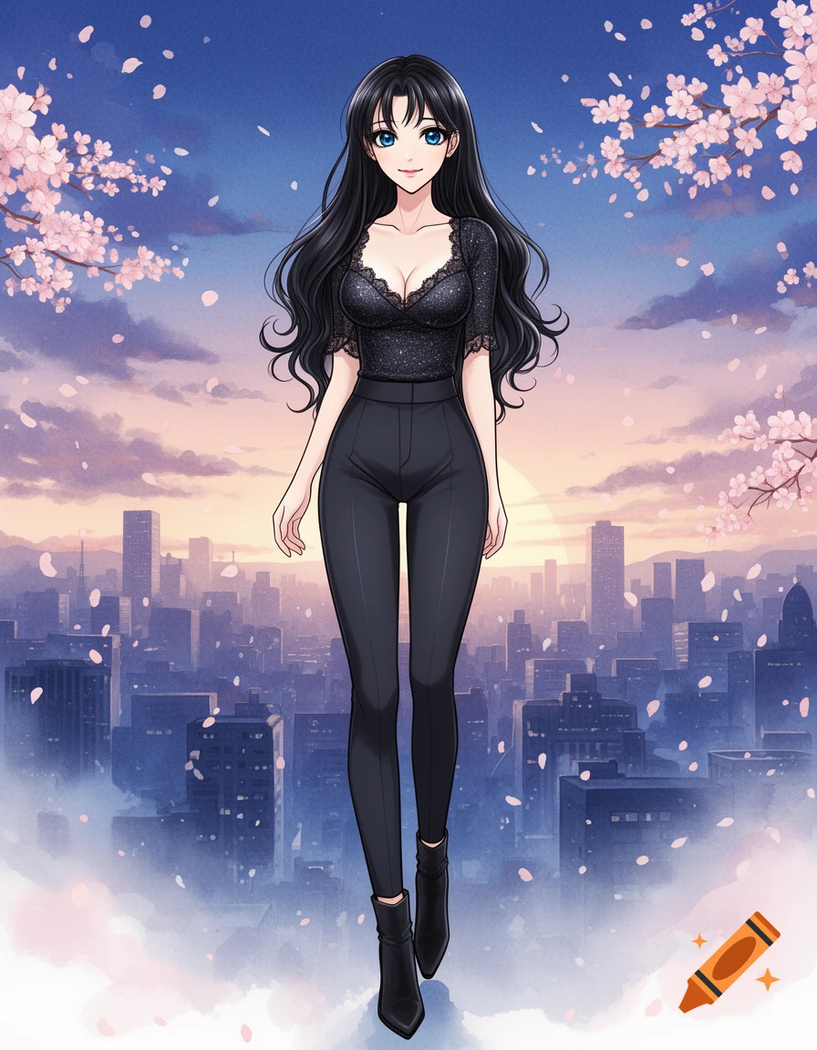 Anime woman in black lace top and pants, with long dark hair, against a city skyline at sunset with cherry blossoms.