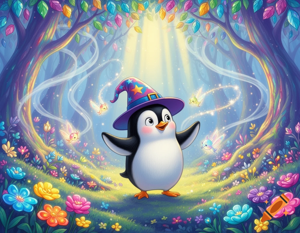 A happy cartoon penguin in a purple wizard hat stands in a vibrant magical forest with colorful flowers, glowing fairies, and sunbeams.