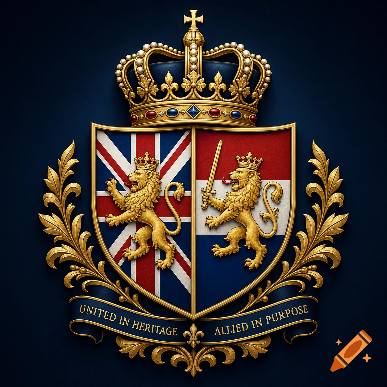 A regal golden coat of arms with a royal crown, two lions on UK and Dutch flags, and a banner.