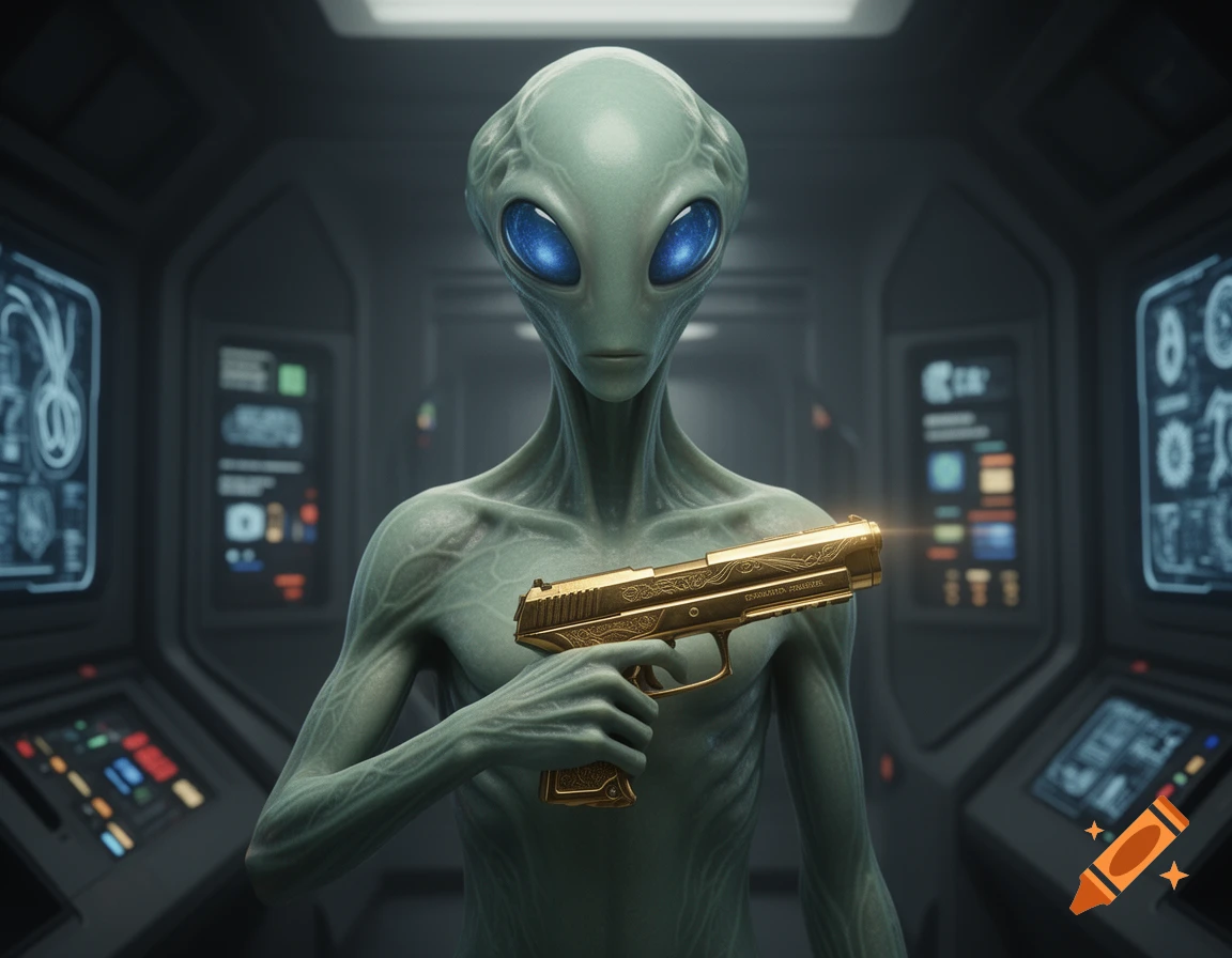 A grey alien with large blue eyes holds a golden ornate pistol in a futuristic spaceship cockpit.
