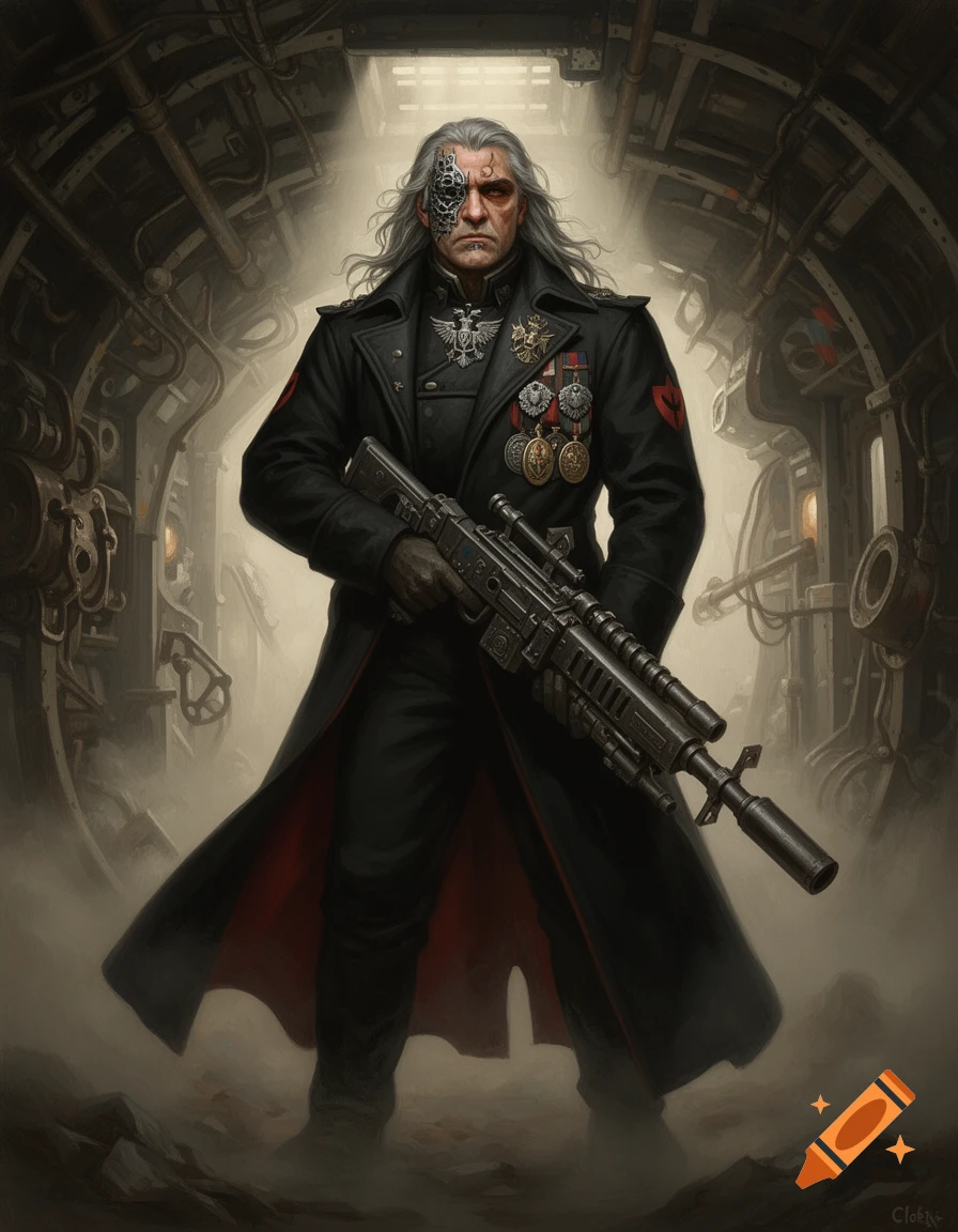 A grim, grey-haired man with a cybernetic eye in a black greatcoat, holding a rifle in a dark, painterly sci-fi corridor.