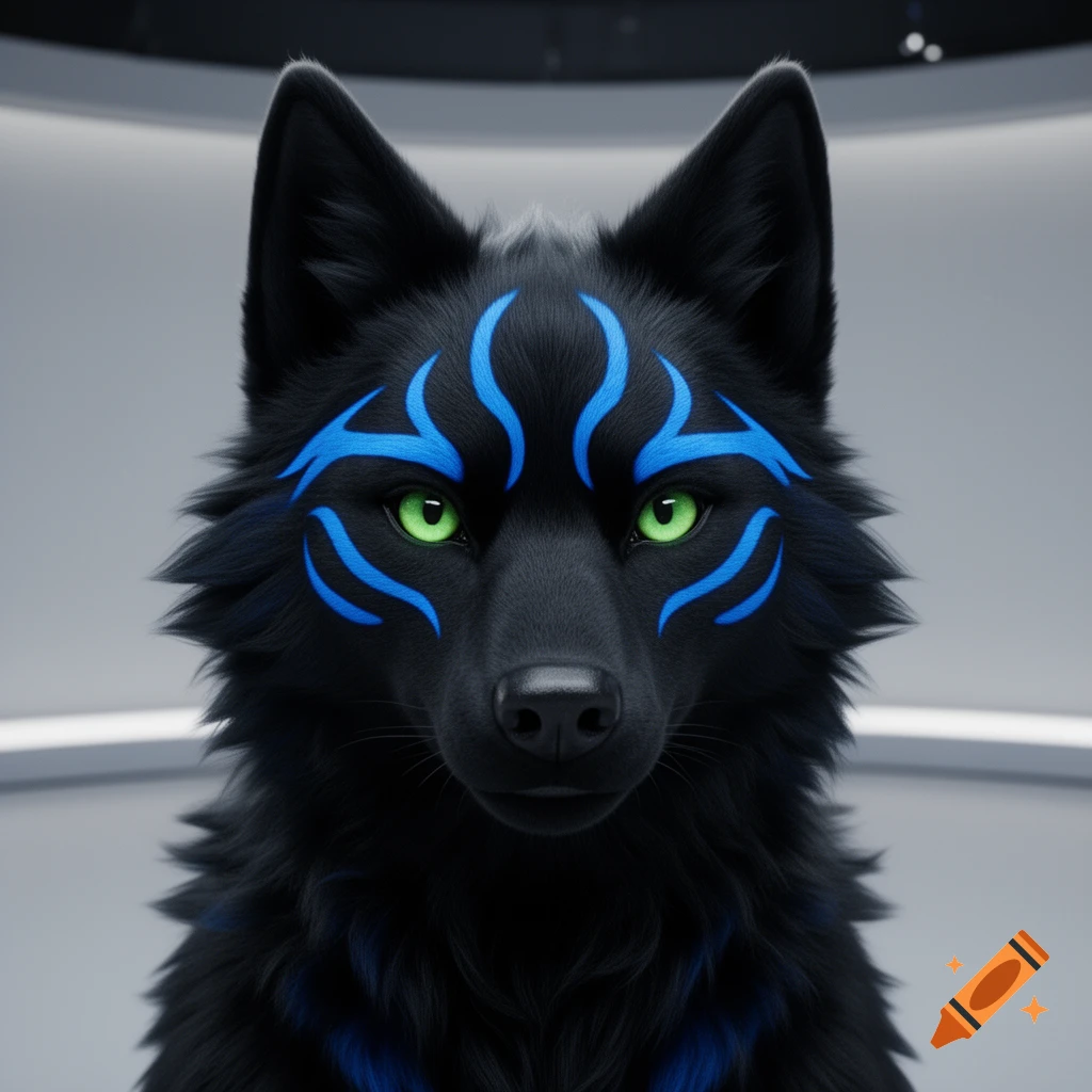 Close-up of a black wolf furry avatar with green eyes and blue tribal markings on its face.