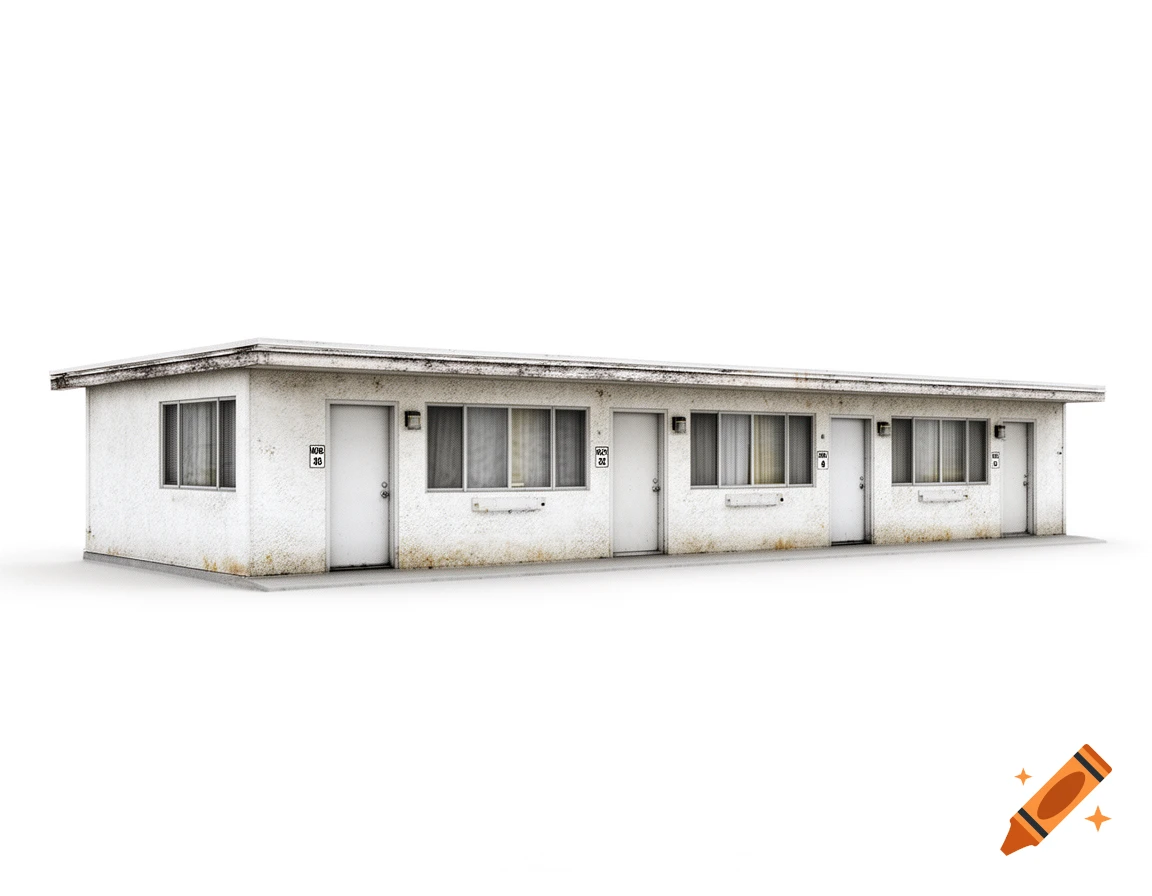 A photorealistic white American motel building with multiple rooms and a flat roof, against a white background.