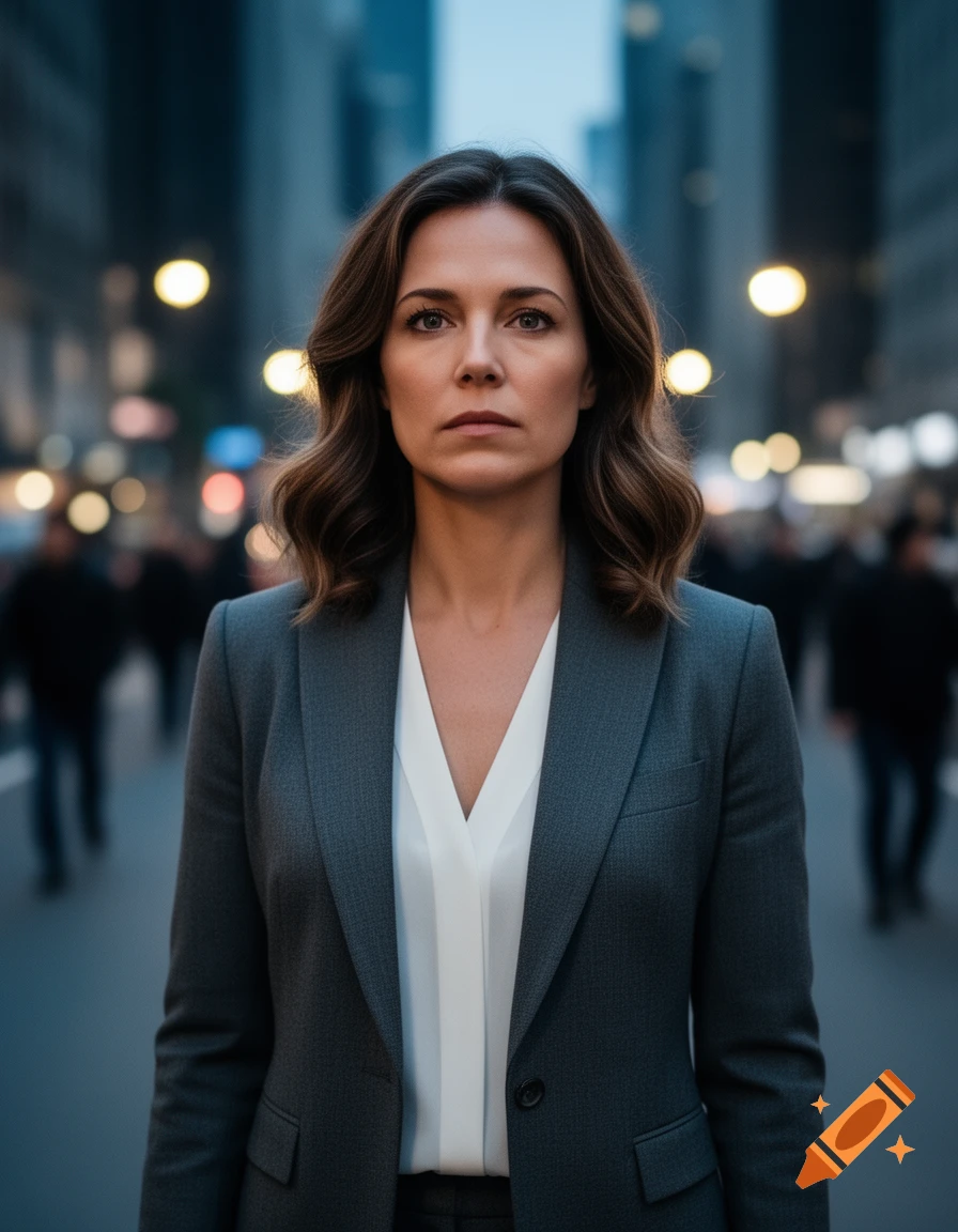 Photorealistic portrait of a serious woman in a grey suit, standing in a blurry city street.