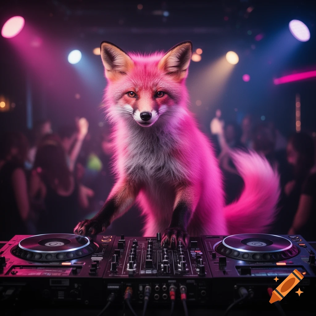 A hot pink fox with a grey chest and black paws DJs at a turntable mixer in a neon-lit nightclub with a blurred crowd.