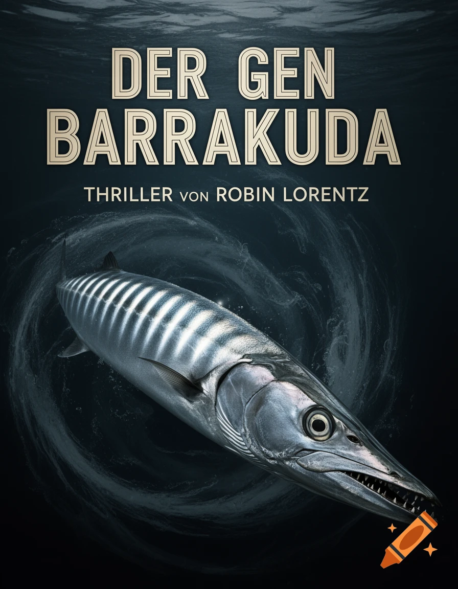 A detailed barracuda swimming in dark water, forming a book cover with the title 'DER GEN BARRAKUDA' and author 'ROBIN LORENTZ'.