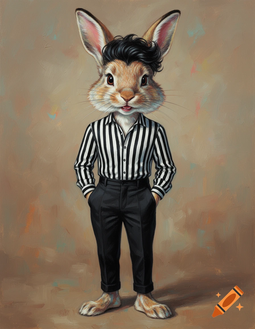 An oil painting of an anthropomorphic bunny with black hair, wearing a black and white striped shirt and black pants, standing with hands in pockets.