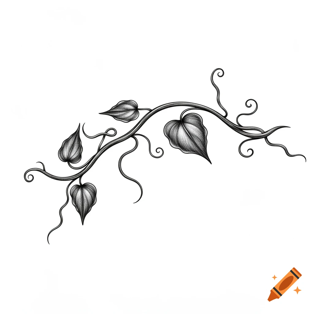 A black and white line art drawing of a slightly curved vine branch with several shaded leaves and curly tendrils.