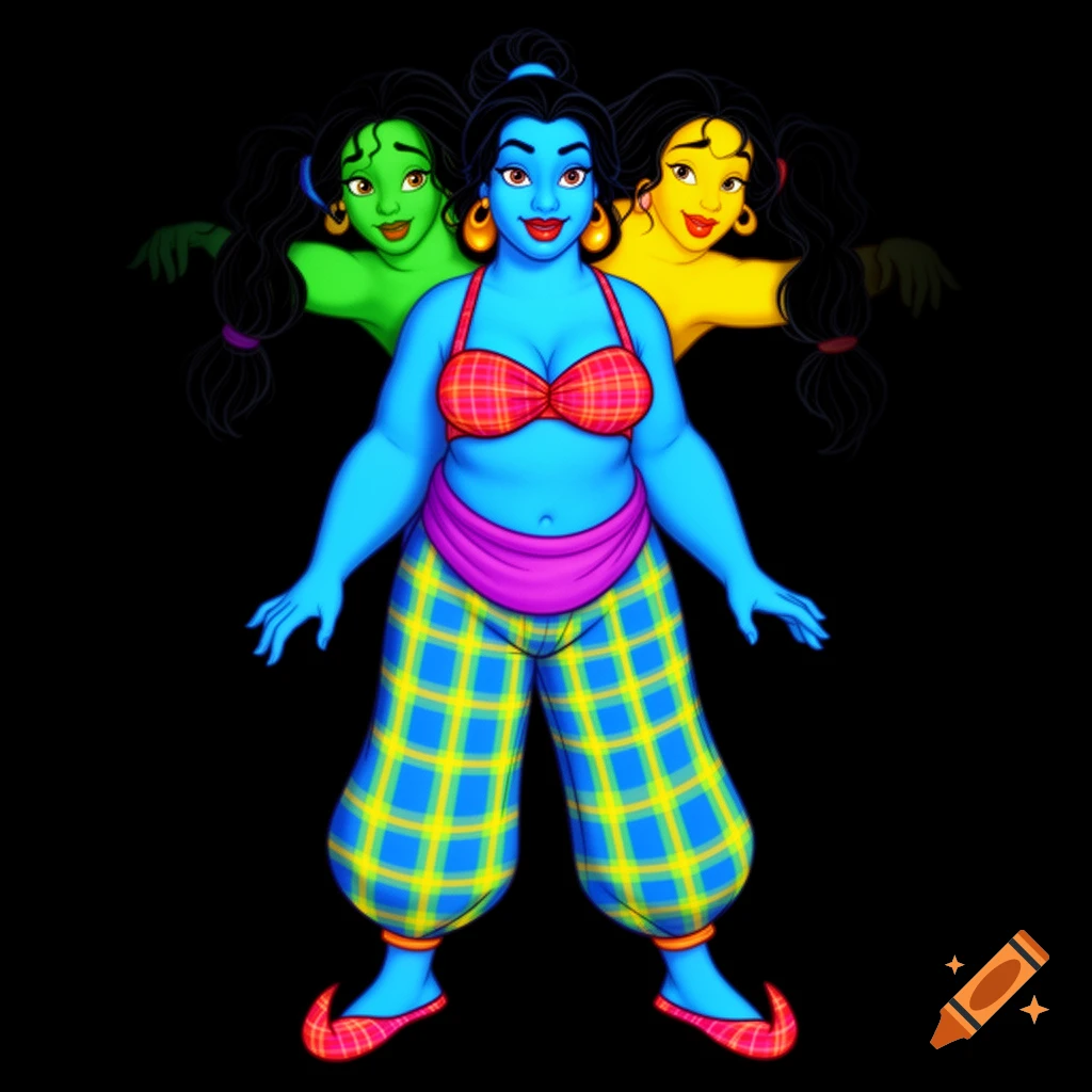 Three-headed cartoon woman in Disney 2D Aladdin style, with a blue main head, green and yellow side heads, wearing plaid bra, harem pants, and slippers.