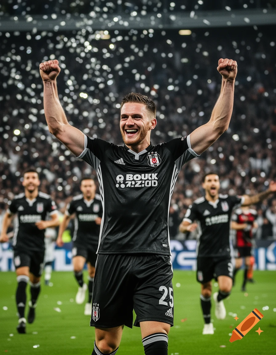 Male football player in black Besiktas jersey celebrating on a field under confetti, realistic sports photography.