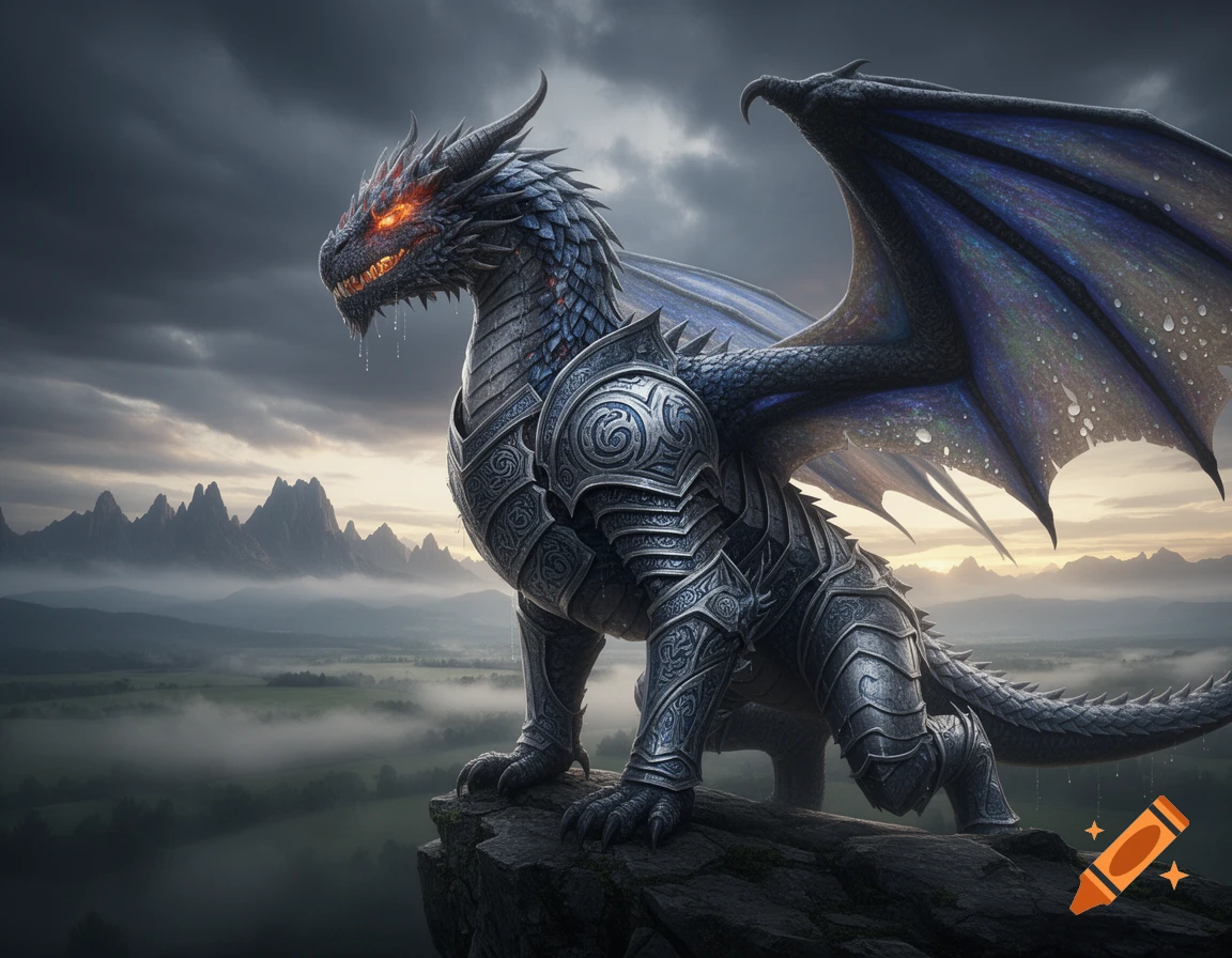 A majestic armored dragon with glowing red eyes sits on a rocky cliff overlooking a foggy valley and mountains under a stormy sky.