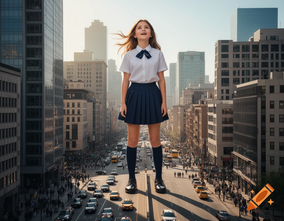 A giant high school girl in a uniform stands looking up over a bustling city street with cars and pedestrians.