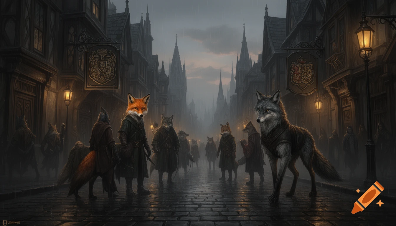 Anthropomorphic foxes and wolves in medieval robes stand on a rain-soaked gothic city street at dusk, lit by gas lamps.