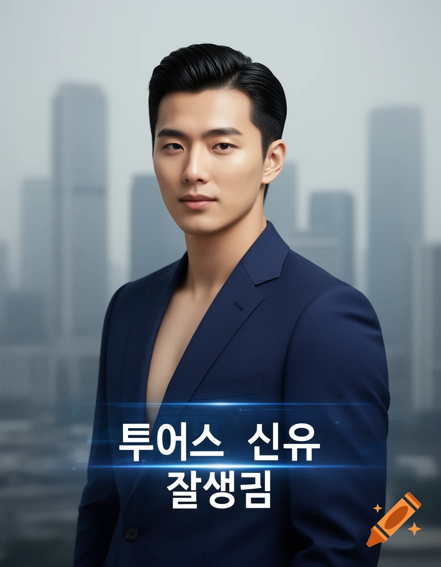 A stylish East Asian man in a dark blue suit stands against a blurred city skyline, with Korean text overlaid at the bottom.