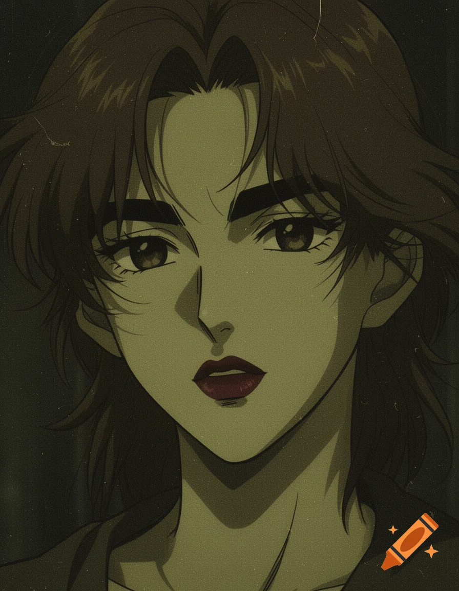 Grunge anime portrait of a girl with dark brown hair, thick eyebrows, and dark red lipstick, in a moody, grainy 90s style.
