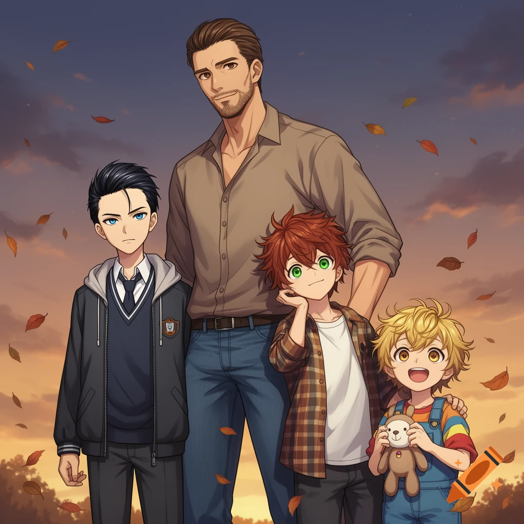 An anime-style illustration of a smiling father and his three sons standing outdoors among falling autumn leaves.