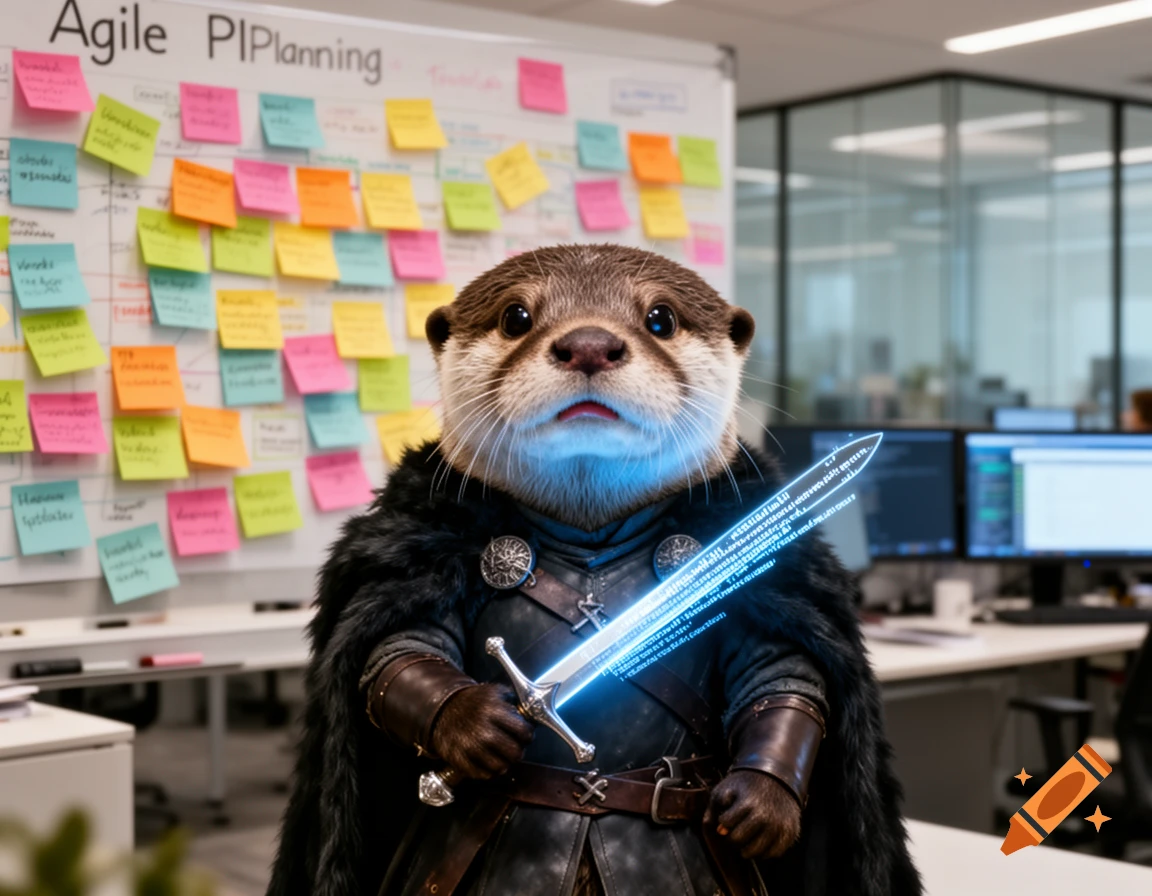 A confused otter dressed as Jon Snow, holding a glowing blue code sword, stands in front of a chaotic sticky note-covered Agile PI Planning board in a corporate office.