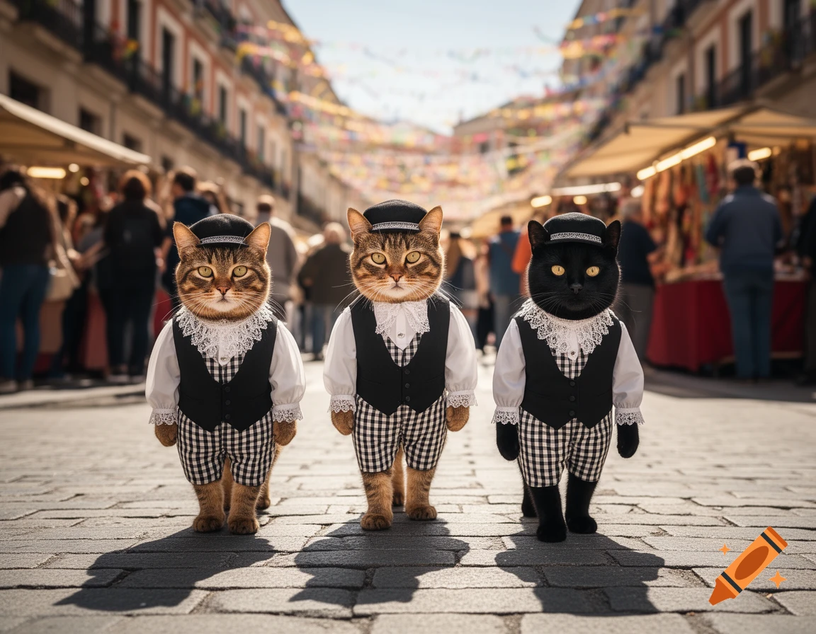 Three photorealistic cats in traditional black and white chulapo outfits stand on a cobblestone street in a bustling market.