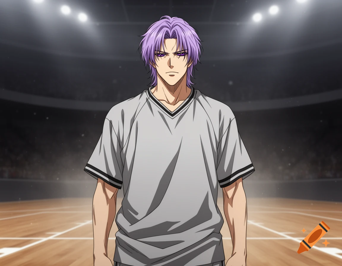 Anime male character with purple hair and purple eyes in a gray t-shirt stands on a basketball court under stadium lights.