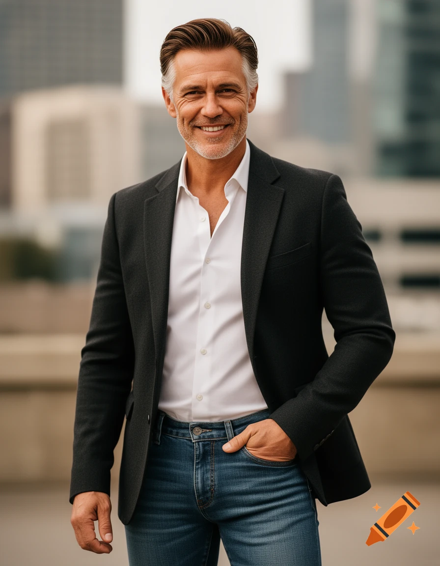 A handsome, smiling man with graying hair, wearing a white shirt, dark blazer, and jeans against a city backdrop.