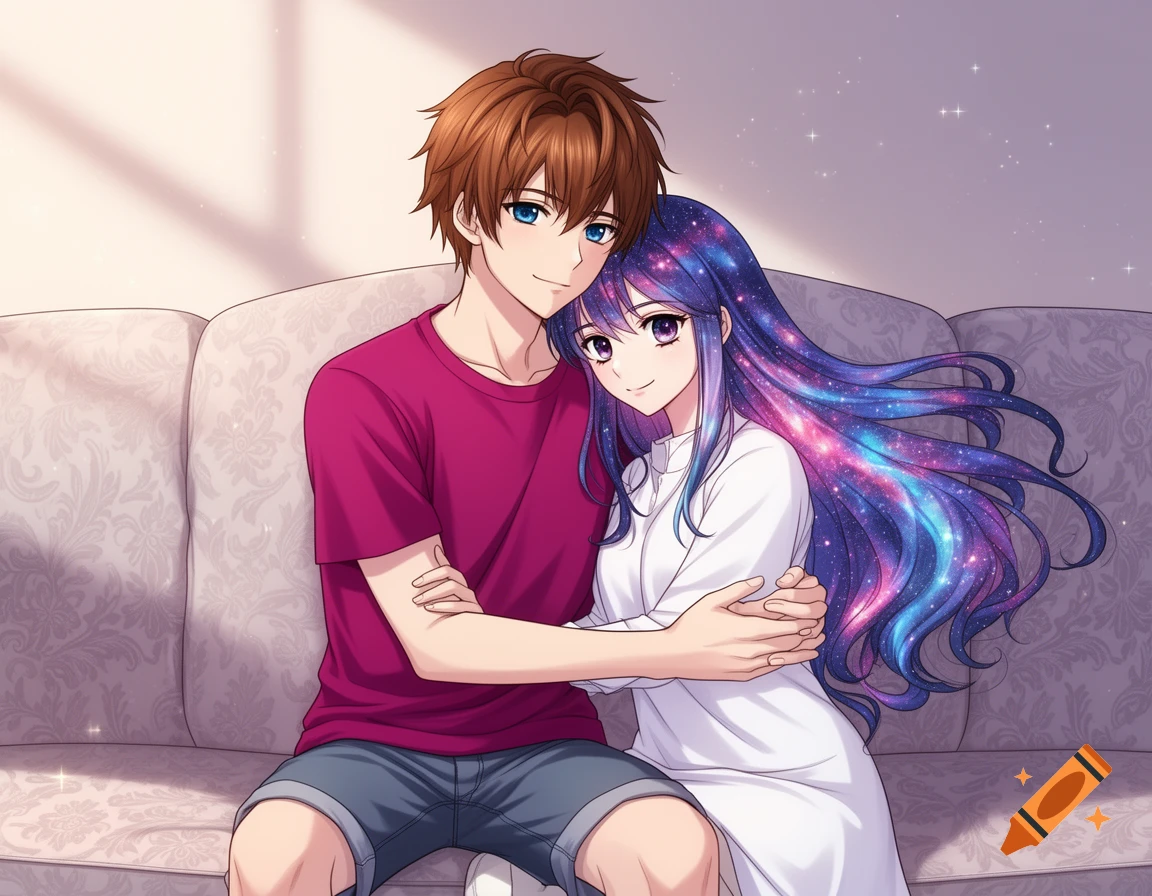 An anime boy with brown hair and blue eyes, wearing a magenta shirt and shorts, hugs a girl with galaxy hair and eyes, wearing a white top, as they sit on a couch.