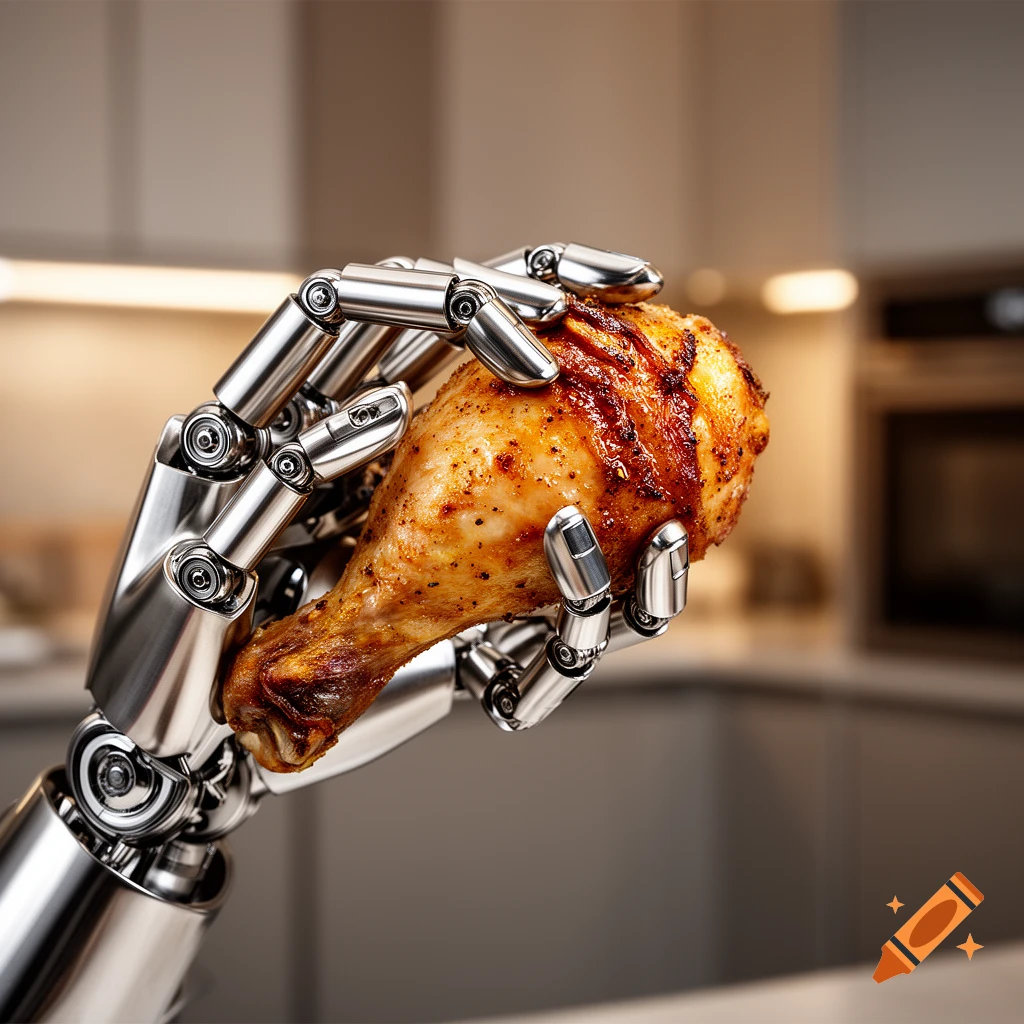 Photorealistic image of a metallic robot hand holding a roasted chicken leg in a modern kitchen.
