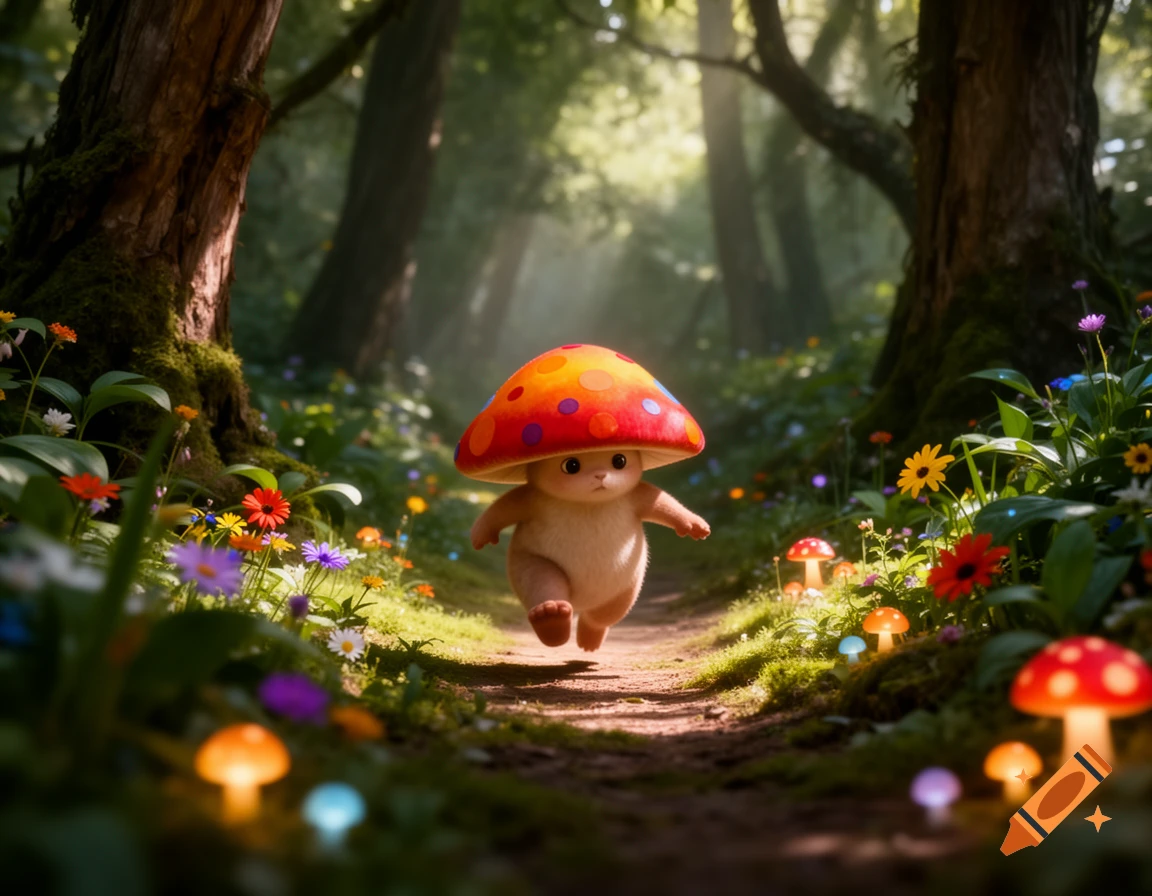 A cute, fluffy creature wearing a red and orange spotted mushroom hat runs on a forest path, surrounded by colorful flowers and glowing mushrooms.