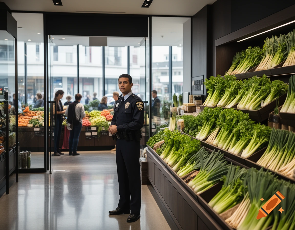 A security guard stands alert in a modern grocery store aisle featuring neatly stacked green produce like leeks and celery, with customers in the background.