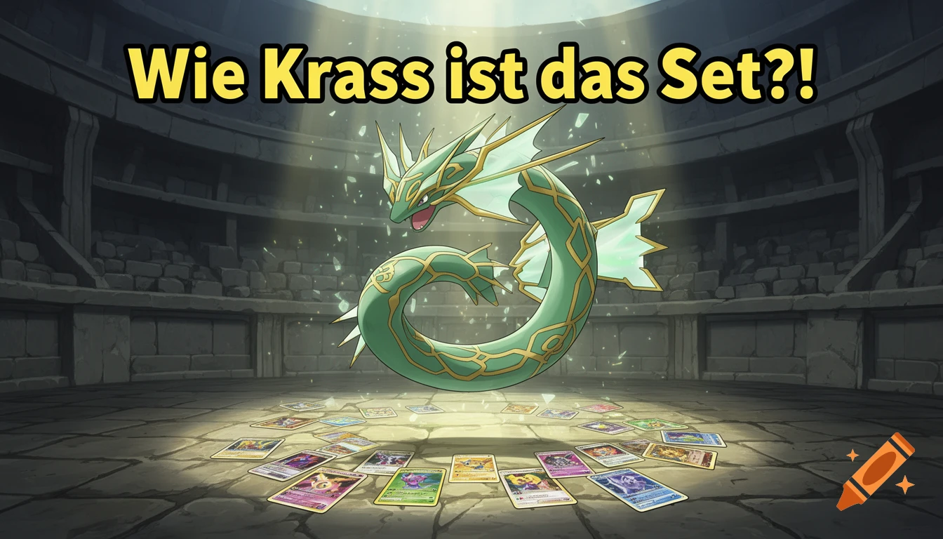 Mega Rayquaza floats above scattered Pokemon cards in a stone arena, with the text 'Wie Krass ist das Set?!'