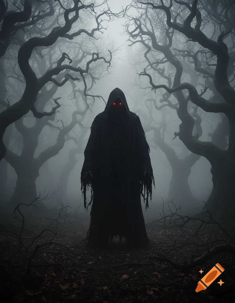 A dark, hooded figure with glowing red eyes stands in a foggy, eerie forest of twisted, bare trees, depicted in a photorealistic style.