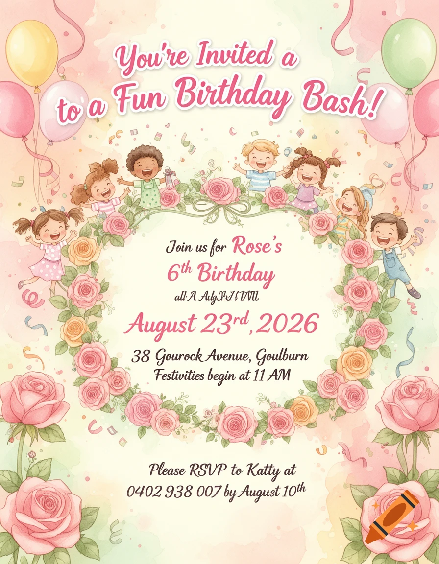 Watercolor birthday invitation with happy cartoon children, pink roses, balloons, and event details.