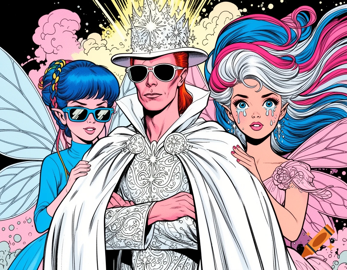 Comic art of a Bowie-like figure in a white cloak and crown, flanked by two fairies; one in blue with sunglasses, the other with multi-colored hair and tears.