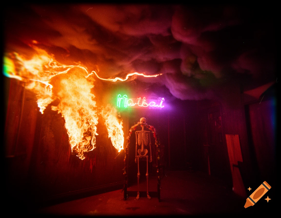 A skeleton stands in a dark haunted house room, engulfed in flames on one side, with thick smoke and flickering neon signs.