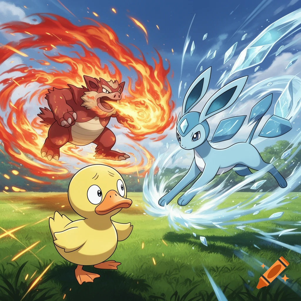 A fire-breathing Pignite, an ice-wielding Glaceon, and a confused Psyduck stand on a grassy field under a blue sky.