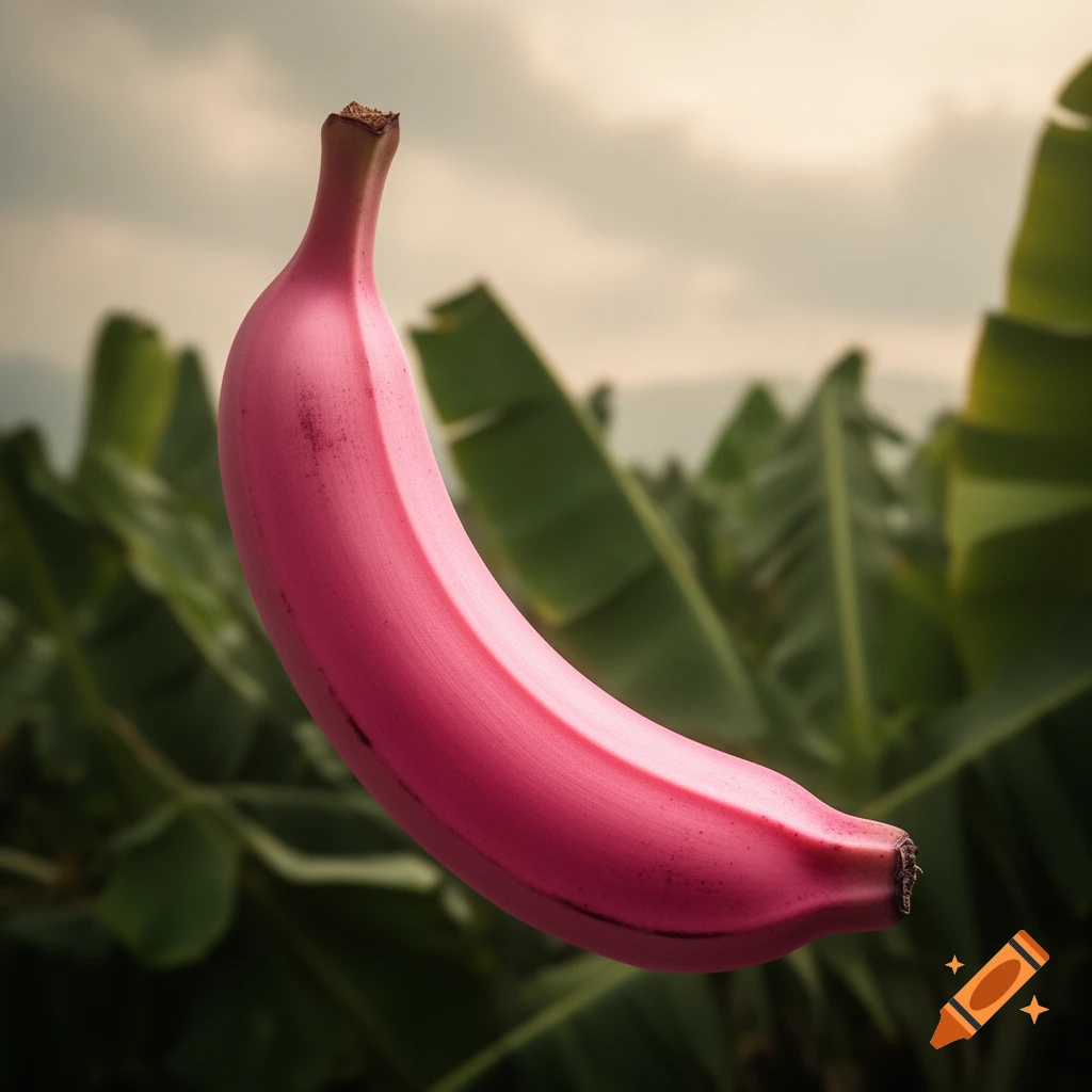 A vibrant pink banana floats against a blurred background of green banana leaves under an overcast sky.